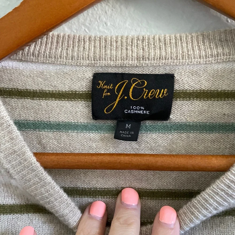 J.Crew Mens 100% Cashmere Striped Crewneck Sweater Beige Green BE887 M